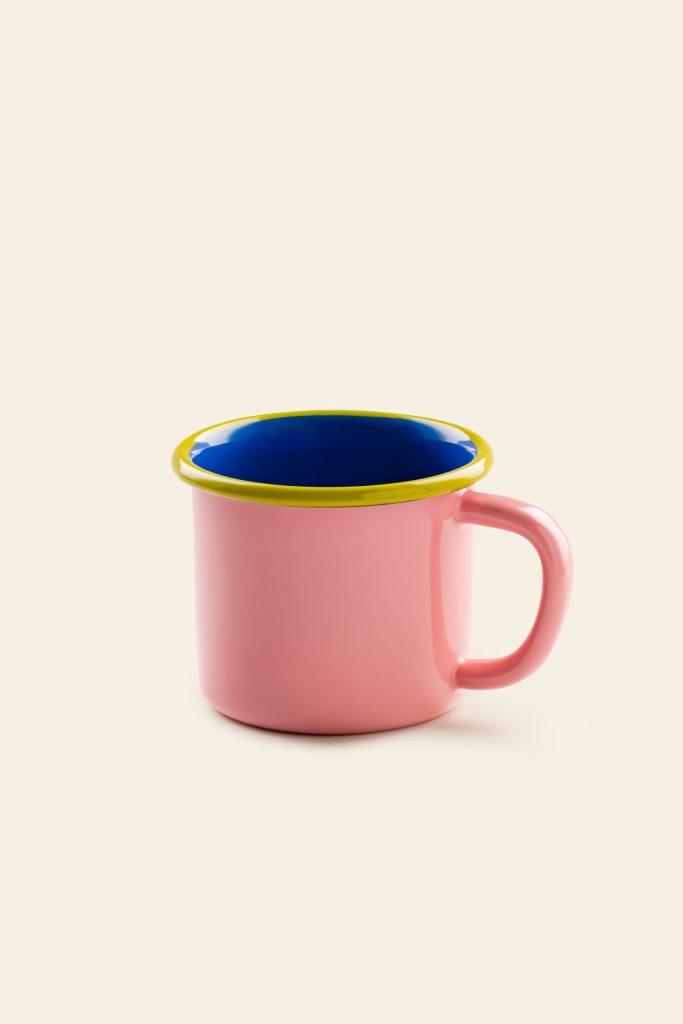 Bornn Enamelware Colorama Mug Soft Pink Electric Blue With Chartreuse Rim 2