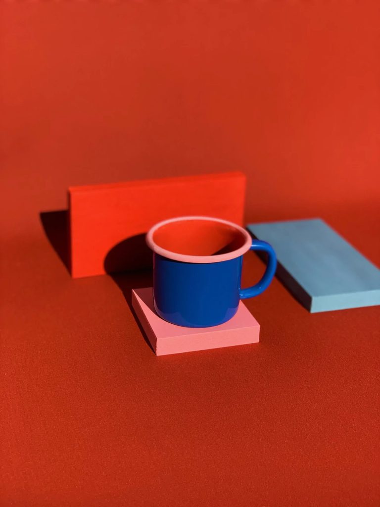 Bornn Enamelware Colorama Mug Electric Blue Coral With Soft Pink Rim 3
