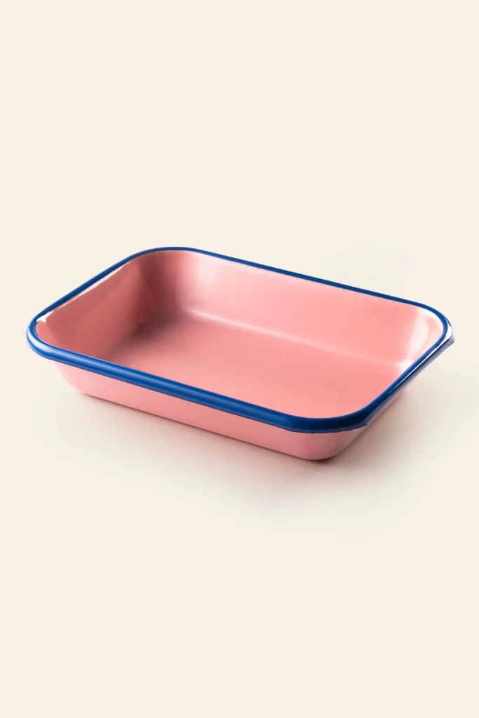 Bornn Enamelware Colorama Baking Dish Medium Soft Pink With Electric Blue Rim 2