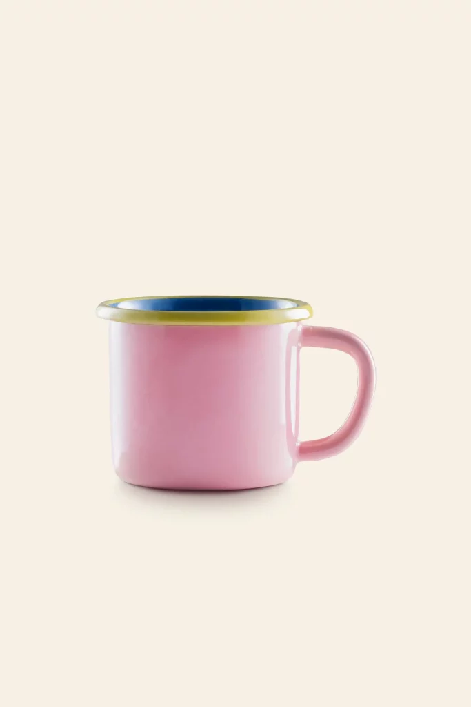 Bornn Enamelware Colorama Mug Soft Pink Electric Blue With Chartreuse Rim 1