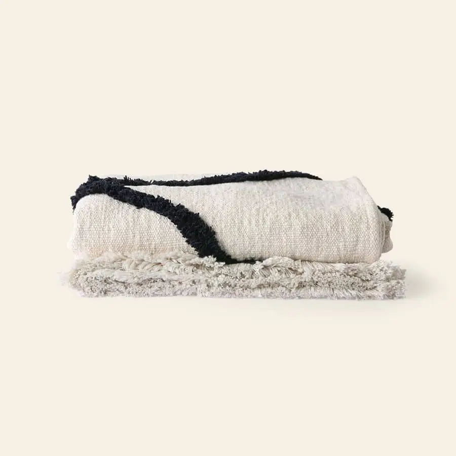 HKliving Soft Woven Throw With Black Tufted Lines Natural Black 1