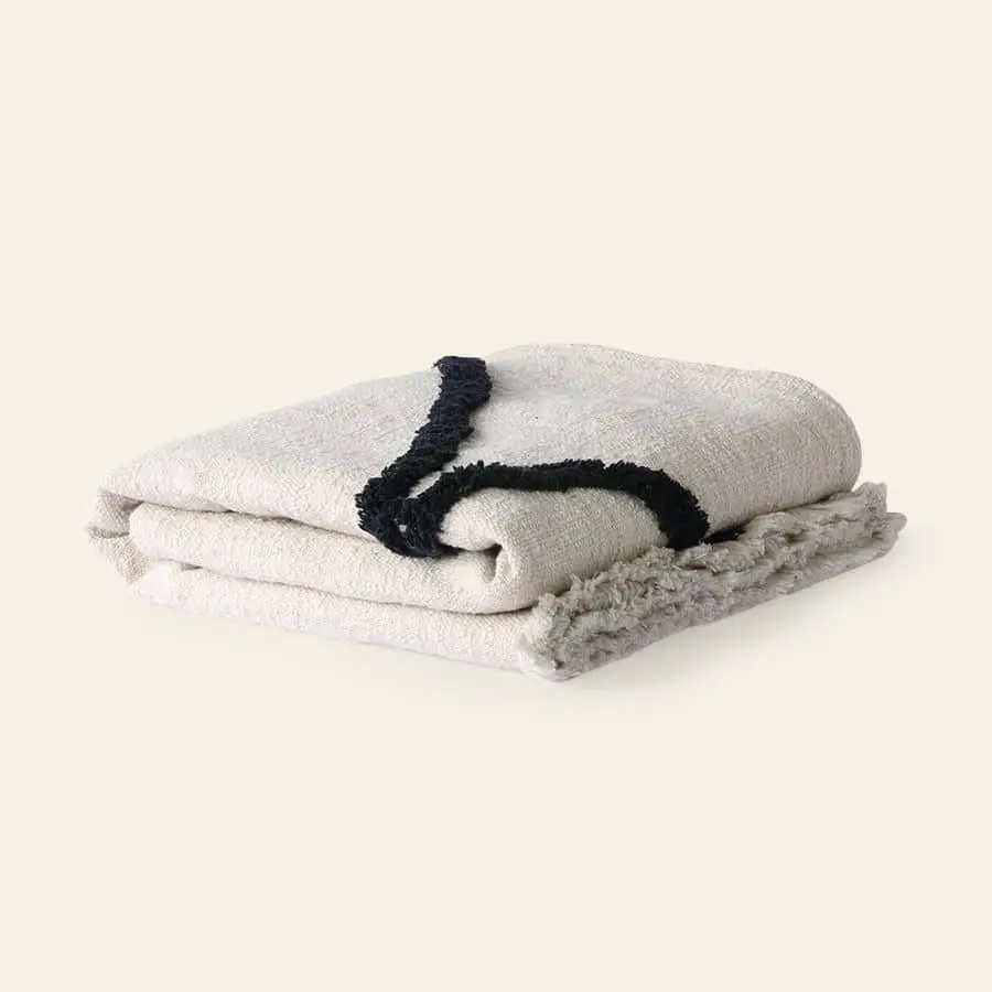 HKliving Soft Woven Throw With Black Tufted Lines Natural Black 2