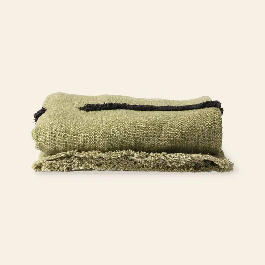 HKliving Soft Woven Throw With Black Tufted Lines Pistachio Black 1