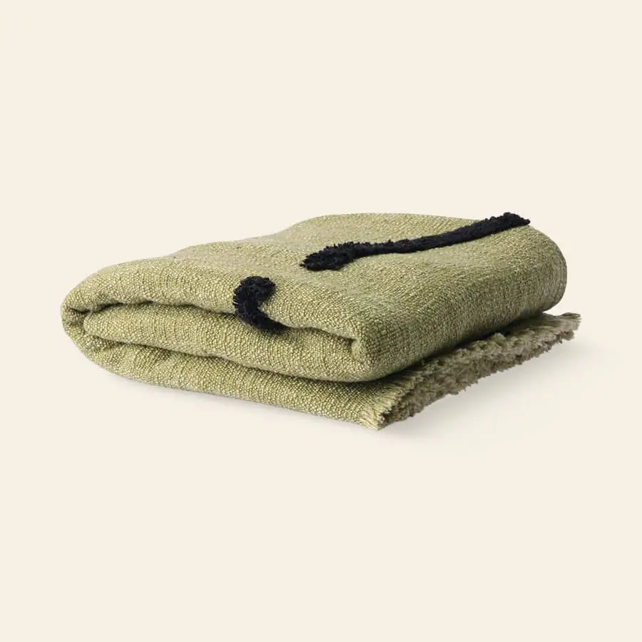 HKliving Soft Woven Throw With Black Tufted Lines Pistachio Black 2