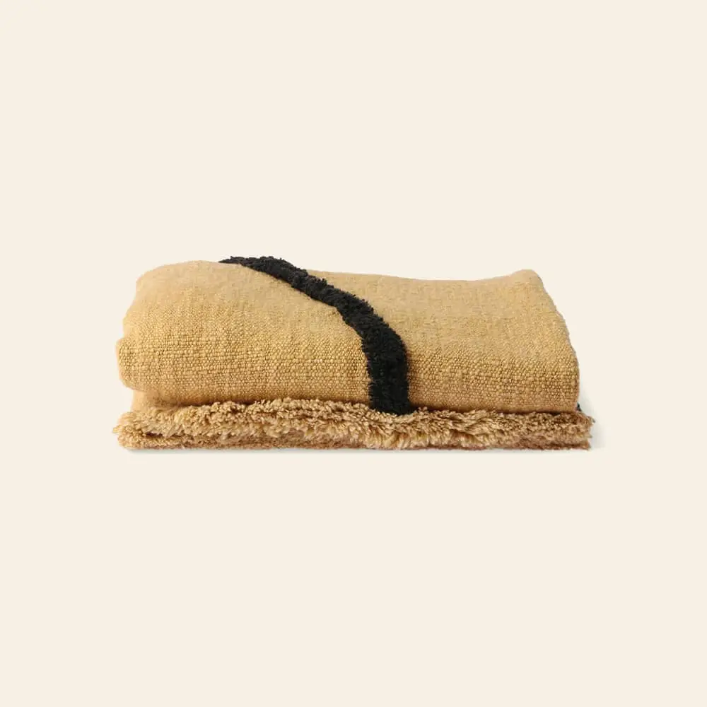 HKliving Soft Woven Throw With Black Tufted Lines Ochre Black 1