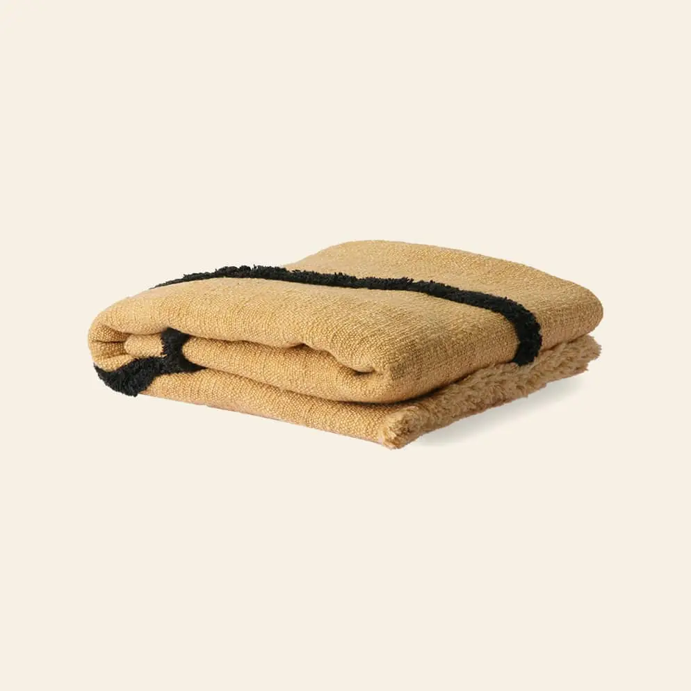 HKliving Soft Woven Throw With Black Tufted Lines Ochre Black 2